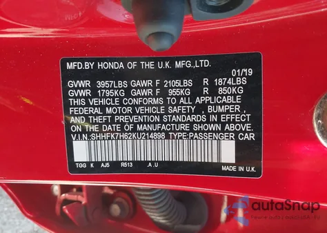 2019 Honda Civic Ex from USA, damaged, VIN SHHFK7H62KU214898